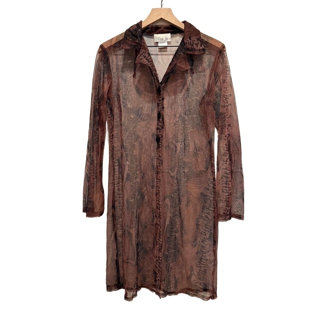 Vintage Lisa Jo Size M Brown Black Sheer Shirt Dress Abstract Print Y2K Boho EUC